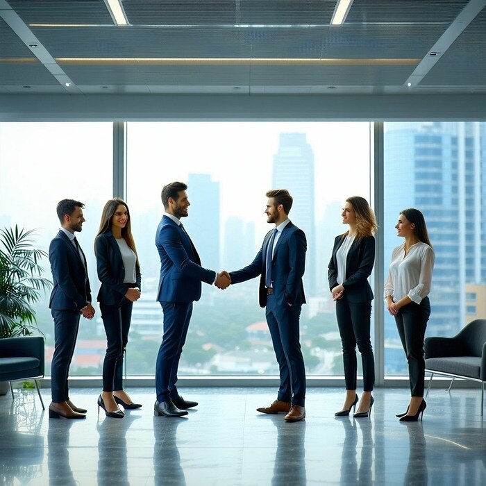 In a welllit office environment a diverse group of real estate professionals dressed in smart business attire stand across from each other their expressions a mix of enthusiasm and determination As they shake hands the atmosphere is charged with a se-1