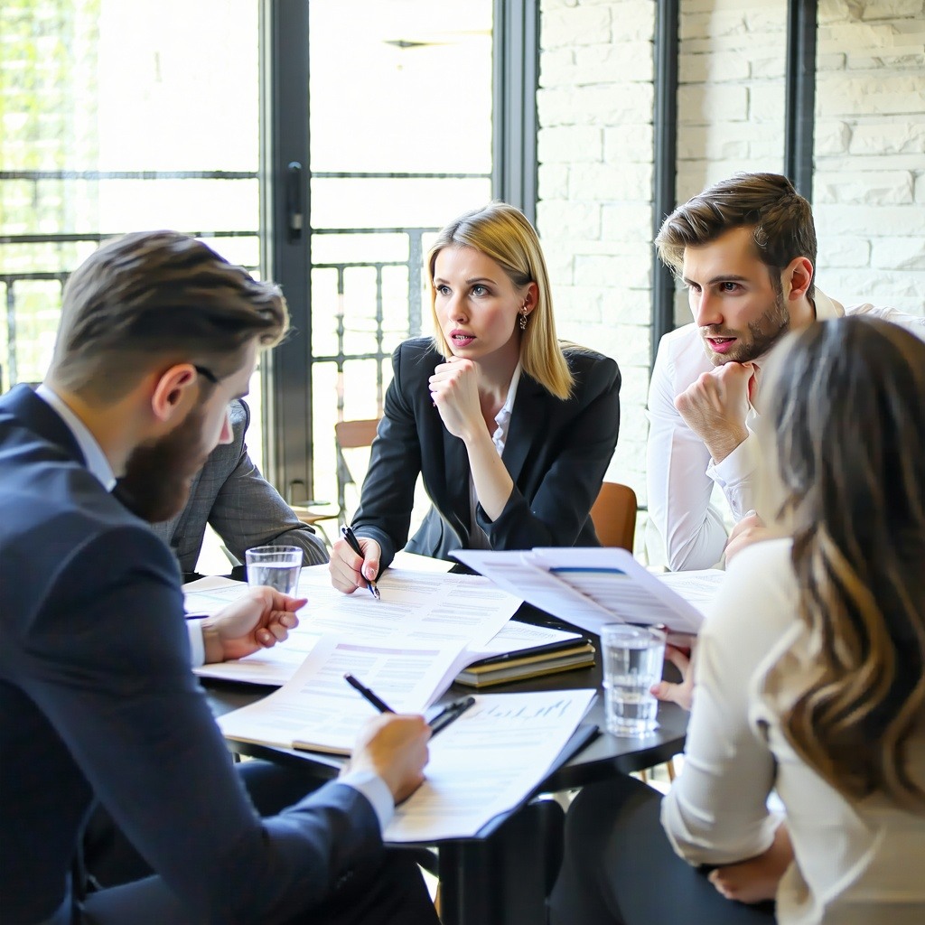 The image depicts a group of real estate professionals engaged in a thoughtful discussion carefully evaluating various title companies to ensure they select a trustworthy partner for their transactions Some professionals are reviewing documents while-2