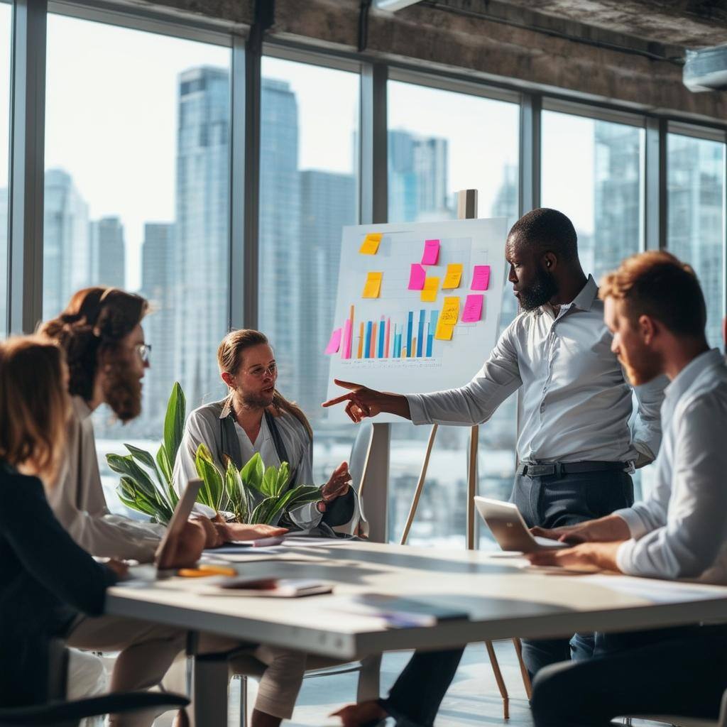 The image depicts a modern real estate office bustling with activity-1